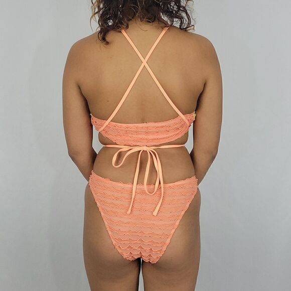 Multi-Color Block Criss-Cross Lace Up Textured Bikini Swimsuit 2 Piece Set - Picture 4 of 6